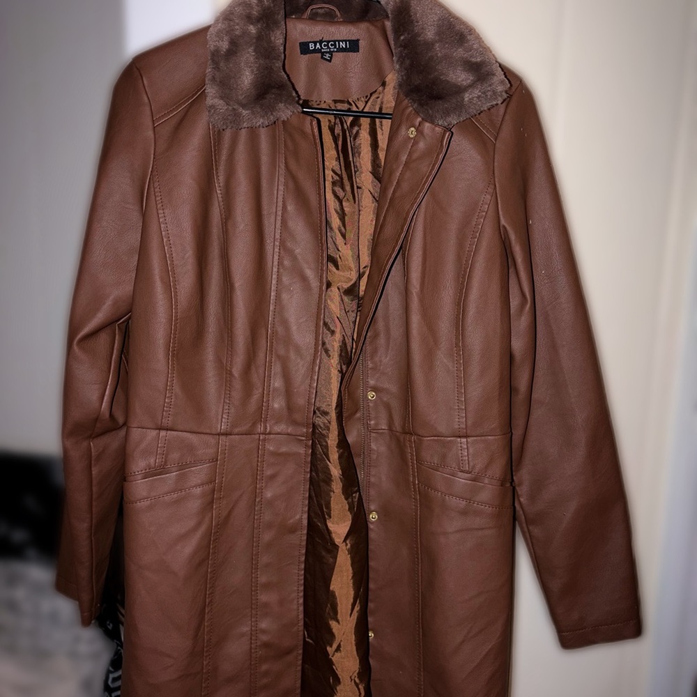 Baccini Brown Faux Leather Coat with Faux Fur Collar